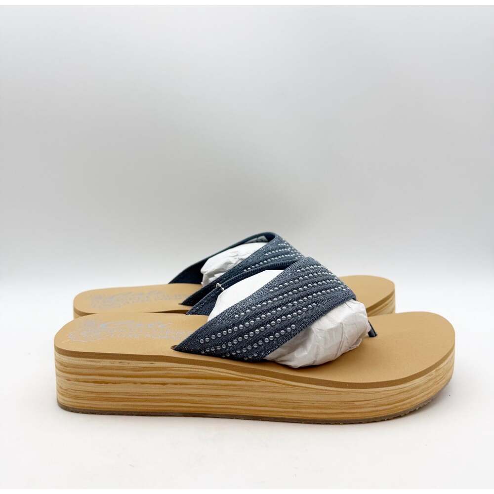 Skechers Women's Summers Mid Wedge Thong Sandals Size 8 EU 38 Slate Blue Tan NIB - Picture 3 of 12